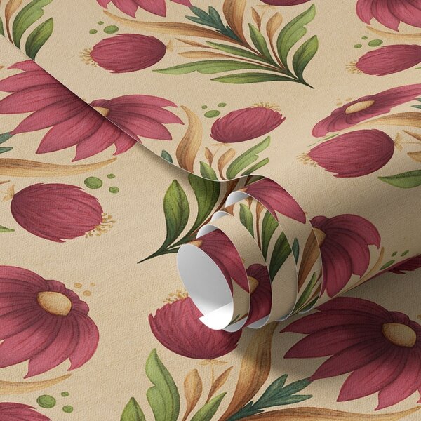 Carta da parati Ornamento floreale simmetrico su sfondo beige caldo, Parati fiori e piante classici, a00812v6 : Uwalls.it