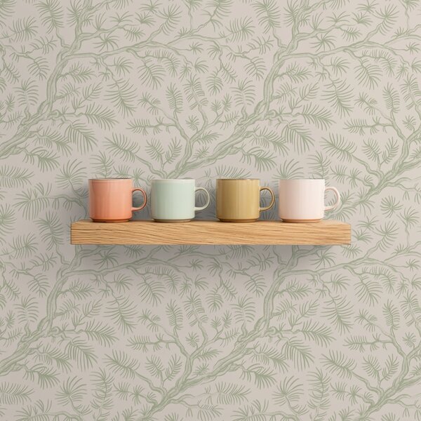 Carta da parati Rami di pino in tonalità verde chiaro su sfondo beige, Parati fiori e piante classici, a00838v1 : Uwalls.it