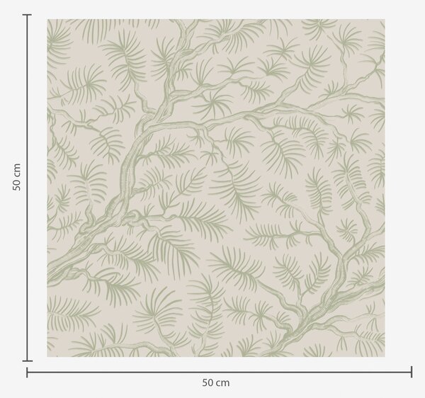 Carta da parati Rami di pino in tonalità verde chiaro su sfondo beige, Parati fiori e piante classici, a00838v1 : Uwalls.it