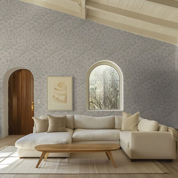 Carta da parati Rami di pino in tonalità verde chiaro su sfondo beige, Parati fiori e piante classici, a00838v1 : Uwalls.it