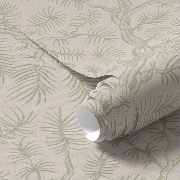Carta da parati Rami di pino in tonalità verde chiaro su sfondo beige, Parati fiori e piante classici, a00838v1 : Uwalls.it