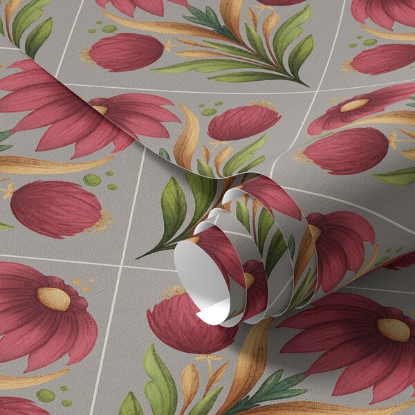 Carta da parati Ornamento floreale simmetrico su sfondo grigio con diagonali, Parati fiori e piante classici, a00869 : Uwalls.it