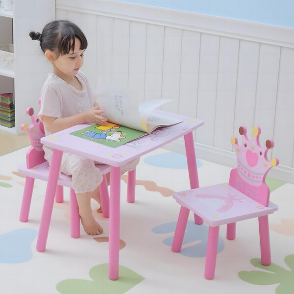 HOMCOM Set Tavolo e 2 Sedie a Tema Principesse per Cameretta Bambini in Legno Rosa con Schienale a Forma di Corona|Aosom