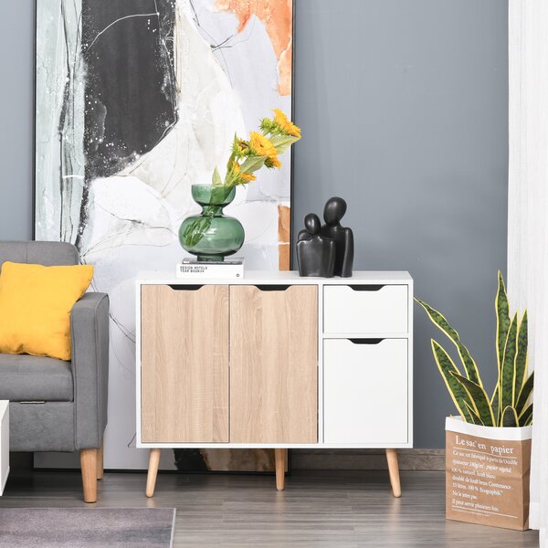 HOMCOM Mobiletto Multiuso con Cassetto e Armadietti, Credenza Stile Nordico in Legno per Camera, Soggiorno, Studio, Bianco e Color Legno|Aosom
