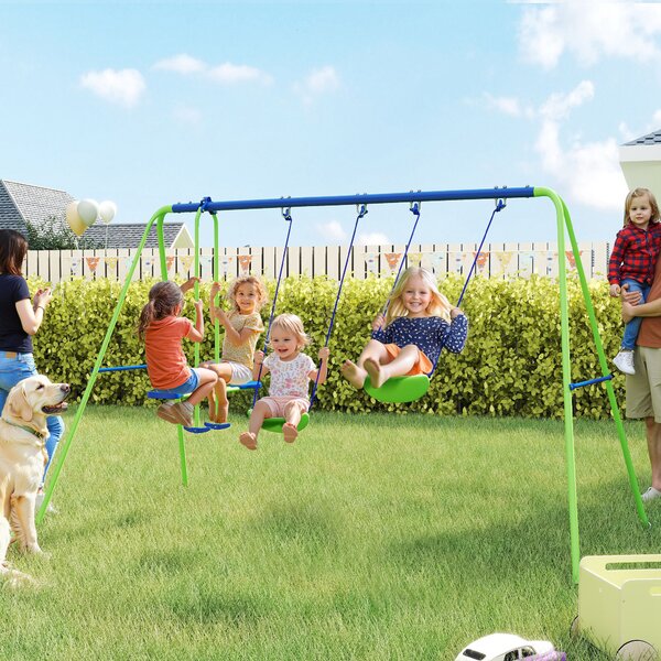 Outsunny Set Altalene da Giardino per 4 Bambini, 1 Altalena Doppia e 2 Altalene Singole, Metallo e PE, 280x140x178cm, Verde Blu|Aosom