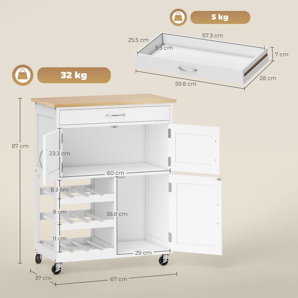 HOMCOM Carrelli Portavivande, Carrellino per Cucina in Legno Bianco con Portabottiglie 1 Cassetto e 3 Antine, 67x37x87cm|Aosom