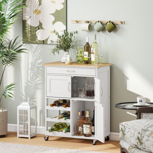 HOMCOM Carrelli Portavivande, Carrellino per Cucina in Legno Bianco con Portabottiglie 1 Cassetto e 3 Antine, 67x37x87cm|Aosom