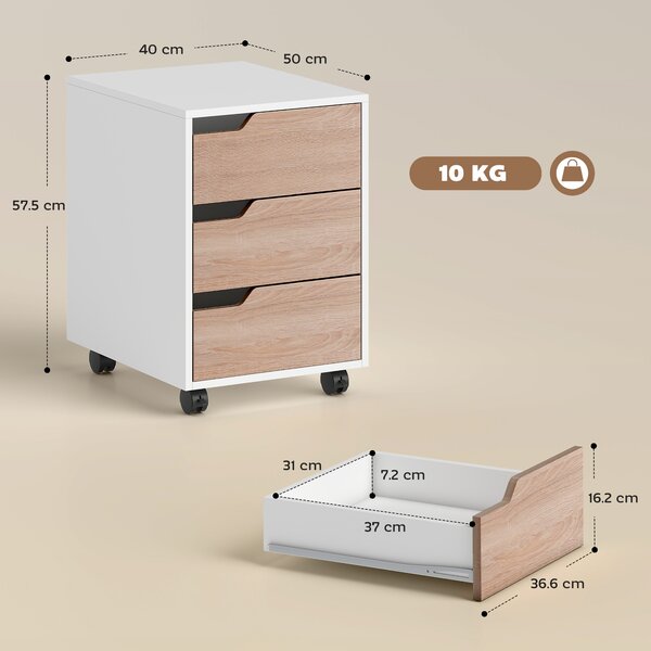 HOMCOM Comodino Ufficio Portadocumenti, 3 Cassetti su Ruote A 360°, Rotaie Metallo, MDF - Bianco, 31x37x72cm|Aosom