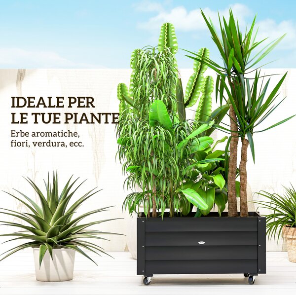 Outsunny Fioriera da Giardino con Foro di Drenaggio e Rotelle, in Legno di Abete, 89x48x47 cm, Nera|Aosom
