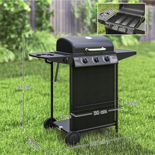 Outsunny Barbecue a Gas con 4 Bruciatori Indipendenti e Coperchio con Termometro, 108x54x97 cm, Nero