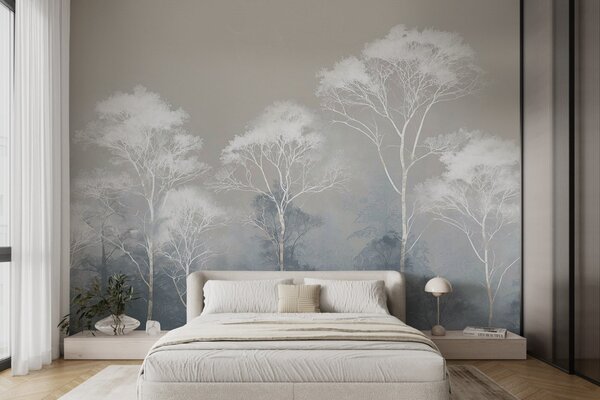 Carta da parati Alberi minimalisti in una palette di colori blu-grigio, nella nebbia, Carta da parati Natura, w09448 : Uwalls.it