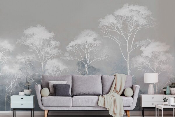 Carta da parati Alberi minimalisti in una palette di colori blu-grigio, nella nebbia, Carta da parati Natura, w09448 : Uwalls.it