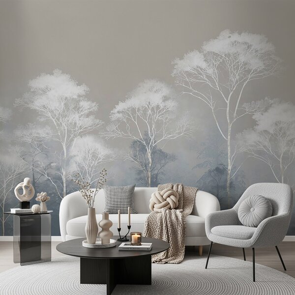Carta da parati Alberi minimalisti in una palette di colori blu-grigio, nella nebbia, Carta da parati Natura, w09448 : Uwalls.it