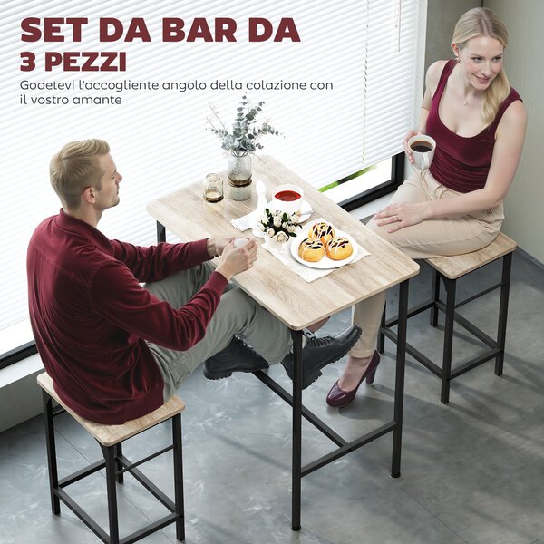 HOMCOM Arredamento Bar 3 Pezzi con Tavolo da Cucina e 2 Sgabelli da Bar in Legno e Acciaio, color Legno e Nero | Aosom Italy