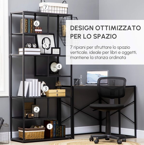 HOMCOM Mobile Libreria a 7 Livelli in Truciolato e Acciaio per Soggiorno, Camera da Letto e Ufficio, in stile Industriale, 83x34x180 cm, Nero|Aosom