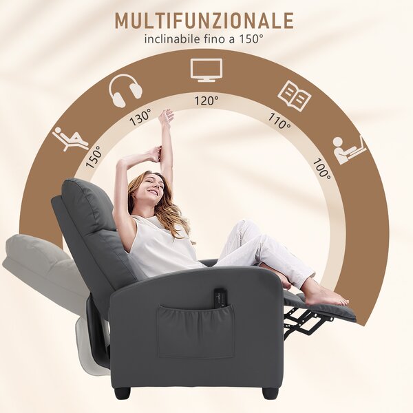 HOMCOM Poltrona Relax Massaggiante con 8 Modalità e 5 Intensità, Poltrona Reclinabile con Poggiapiedi e Telecomando, Similpelle PU, Grigio|Aosom