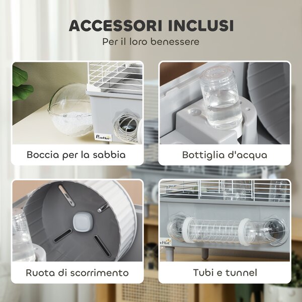 PawHut Gabbia per Criceti a 2 Livelli e 3 Porte con Ruota e Tubi, in Acciaio, PS e PP, 44.5x28x44 cm, Grigio e Bianco | Aosom Italy