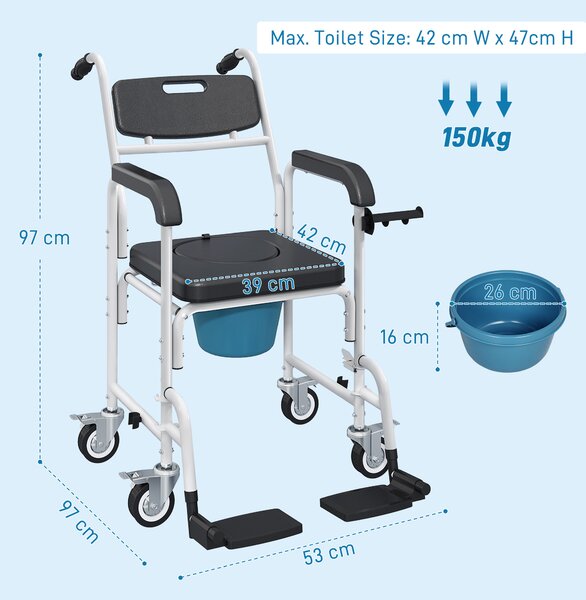HOMCOM Sedia a Rotelle con WC Impermeabile 4 in 1 con Poggiapiedi Ribaltabili, in Alluminio e Plastica, Nero