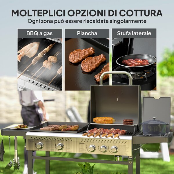 Outsunny Barbecue a Gas con Piastra e Fornello, Coperchio con Termometro e Ripiani, Regolatore e Tubo Inclusi, Nero