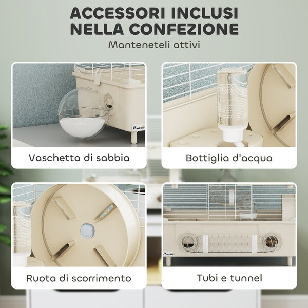 PawHut Gabbia per Criceti a 2 Livelli e 3 Porte con Ruota e Tubi, in Acciaio, PS e PP, 44.5x28x44 cm, Crema e Bianco | Aosom Italy