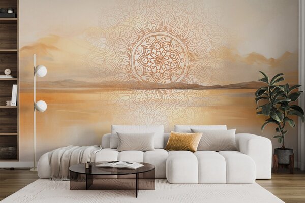 Carta da parati Disegno mandala simmetrico e strutturato che sovrappone un paesaggio con mare,, Carta da parati in stile Boho, w09491 : Uwalls.it