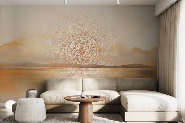 Carta da parati Disegno mandala simmetrico e strutturato che sovrappone un paesaggio con mare,, Carta da parati in stile Boho, w09491 : Uwalls.it