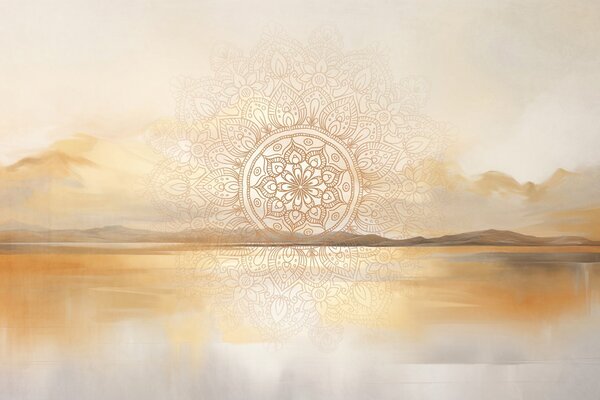 Carta da parati Disegno mandala simmetrico e strutturato che sovrappone un paesaggio con mare,, Carta da parati in stile Boho, w09491 : Uwalls.it