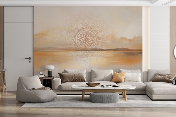 Carta da parati Disegno mandala simmetrico e strutturato che sovrappone un paesaggio con mare,, Carta da parati in stile Boho, w09491 : Uwalls.it
