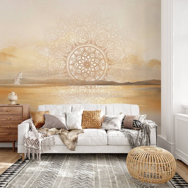 Carta da parati Disegno mandala simmetrico e strutturato che sovrappone un paesaggio con mare,, Carta da parati in stile Boho, w09491 : Uwalls.it