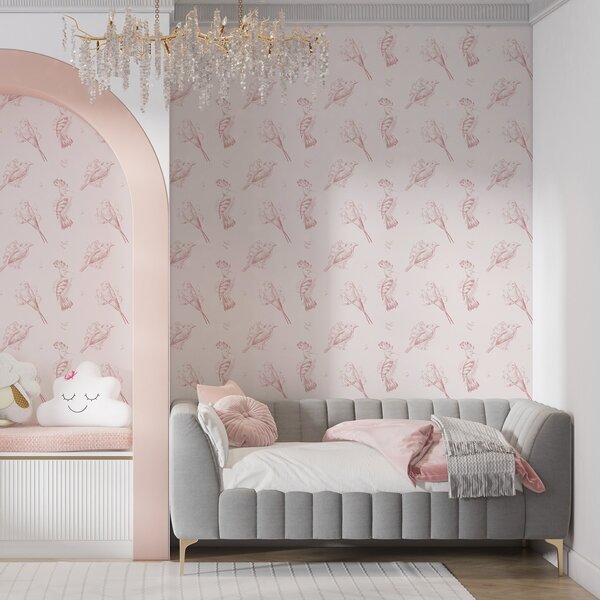 Carta da parati Toile con uccelli: uccelli disegnati, sfondo rosa tenue, Parati animali classici, Parati animali uccelli classici, a00656 : Uwalls.it