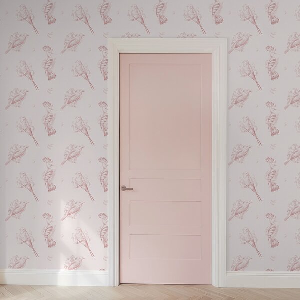Carta da parati Toile con uccelli: uccelli disegnati, sfondo rosa tenue, Parati animali classici, Parati animali uccelli classici, a00656 : Uwalls.it
