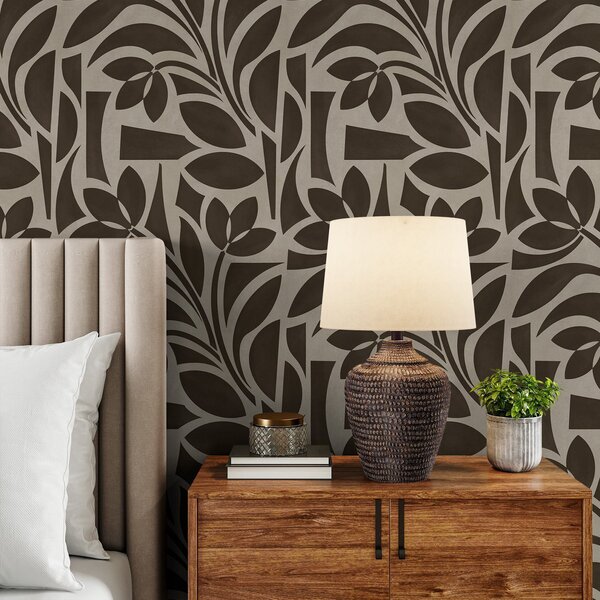 Carta da parati Sagome geometriche di foglie, marrone scuro su beige, Parati fiori e piante classici, a00679v1 : Uwalls.it