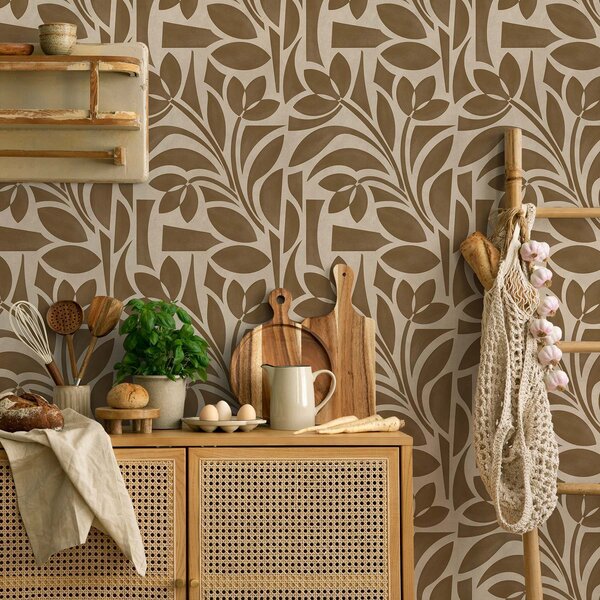 Carta da parati Sagome geometriche di foglie, marrone caramello su beige, Parati fiori e piante classici, a00679 : Uwalls.it