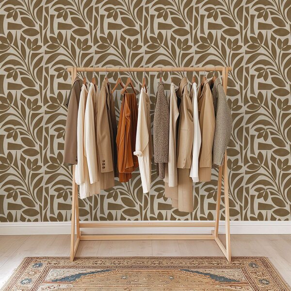 Carta da parati Sagome geometriche di foglie, marrone caramello su beige, Parati fiori e piante classici, a00679 : Uwalls.it