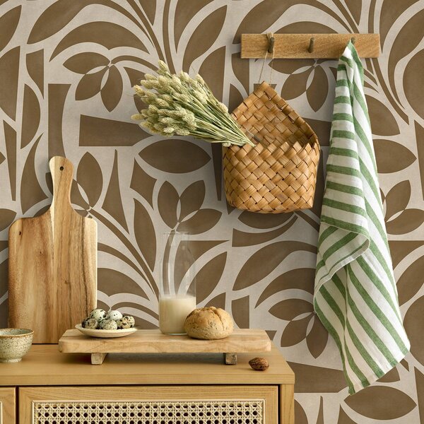 Carta da parati Sagome geometriche di foglie, marrone caramello su beige, Parati fiori e piante classici, a00679 : Uwalls.it