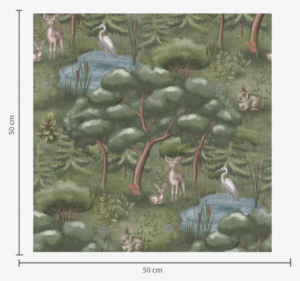 Carta da parati Radura nella foresta con cerbiatti, conigli e aironi, Parati foresta classici, a00680 : Uwalls.it