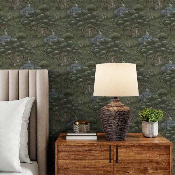 Carta da parati Radura nella foresta con cerbiatti, conigli e aironi, Parati foresta classici, a00680 : Uwalls.it