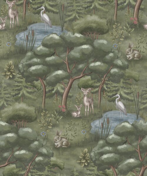 Carta da parati Radura nella foresta con cerbiatti, conigli e aironi, Parati foresta classici, a00680 : Uwalls.it