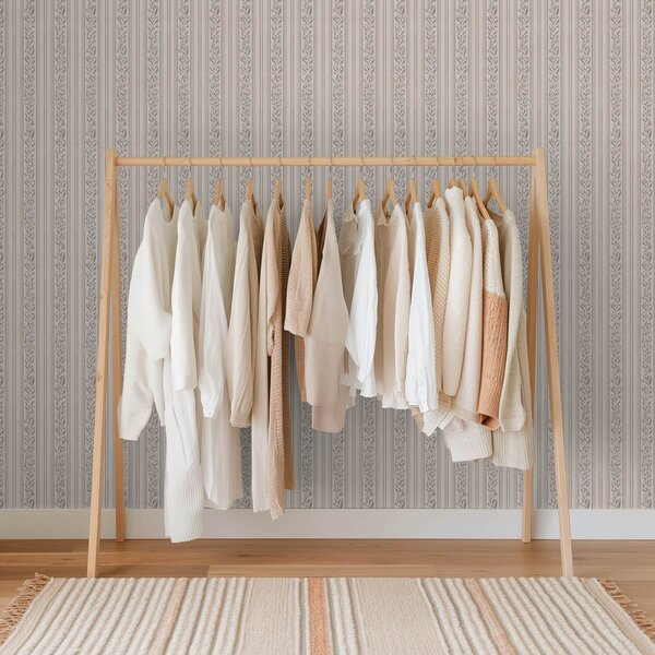 Carta da parati Righe con pizzo e rametti grigio-beige, Parati geometrica classici, Parati geometrica a righe classici, a00814 : Uwalls.it