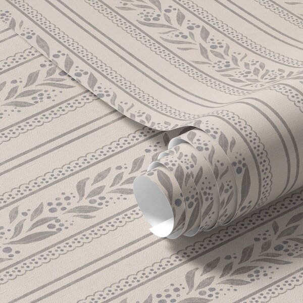 Carta da parati Righe con pizzo e rametti grigio-beige, Parati geometrica classici, Parati geometrica a righe classici, a00814 : Uwalls.it