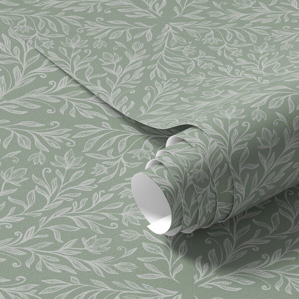 Carta da parati Damasco botanico su sfondo menta-oliva, Parati fiori e piante classici, a00815 : Uwalls.it