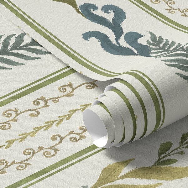 Carta da parati Strisce con ornamenti a volute e grandi rami verdi, Parati fiori e piante classici, a00823 : Uwalls.it