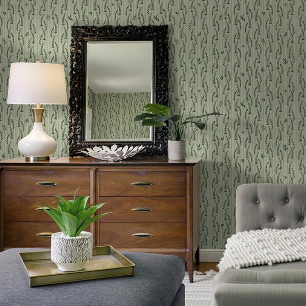 Carta da parati Erba verde fitta e germogli su menta con strisce, Parati fiori e piante classici, a00819 : Uwalls.it