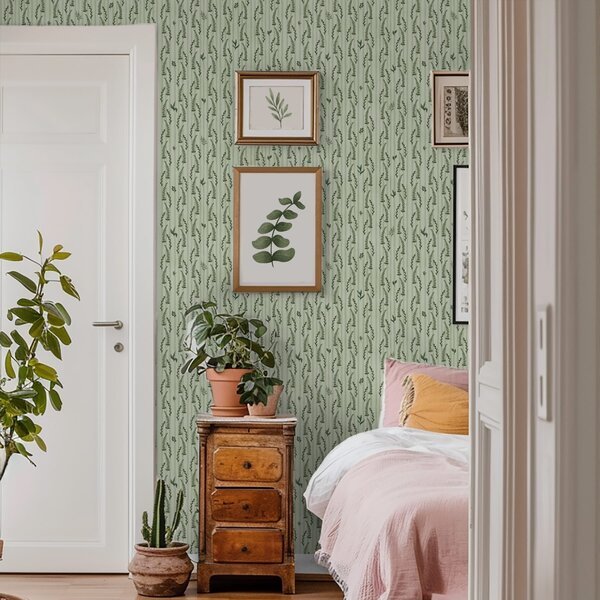 Carta da parati Erba verde fitta e germogli su menta con strisce, Parati fiori e piante classici, a00819 : Uwalls.it