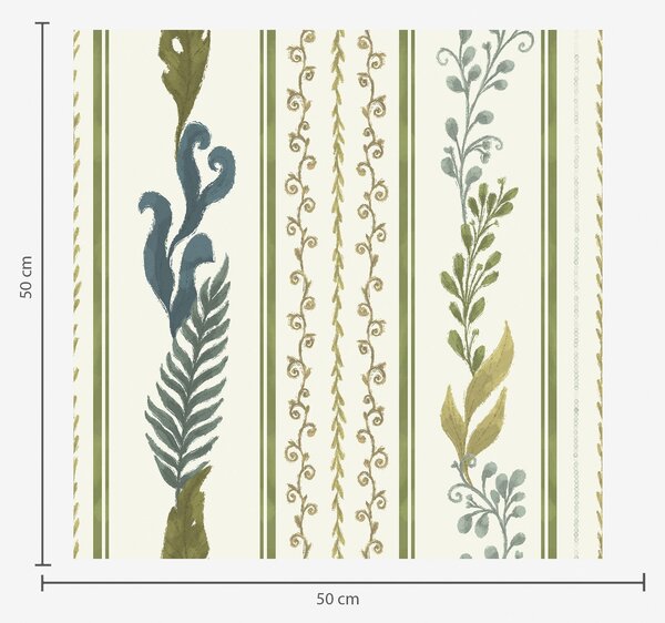 Carta da parati Strisce con ornamenti a volute e grandi rami verdi, Parati fiori e piante classici, a00823 : Uwalls.it
