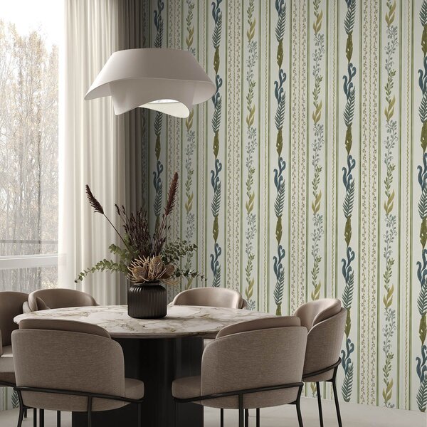 Carta da parati Strisce con ornamenti a volute e grandi rami verdi, Parati fiori e piante classici, a00823 : Uwalls.it