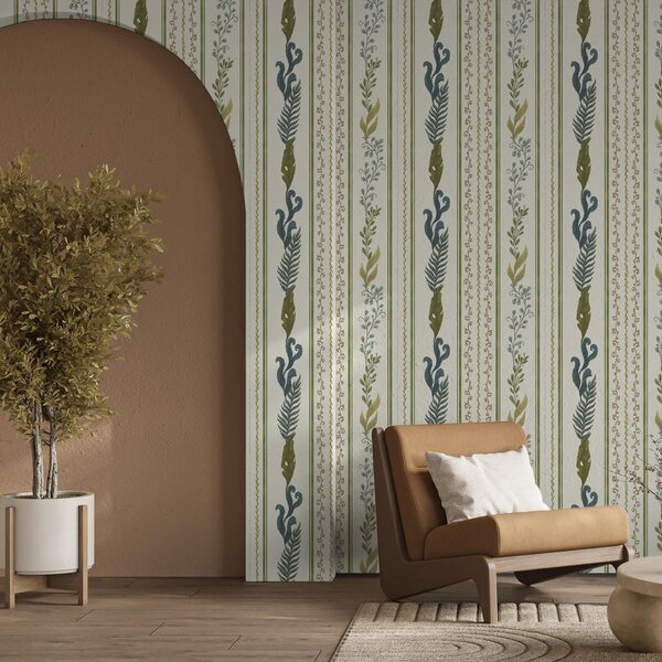 Carta da parati Strisce con ornamenti a volute e grandi rami verdi, Parati fiori e piante classici, a00823 : Uwalls.it