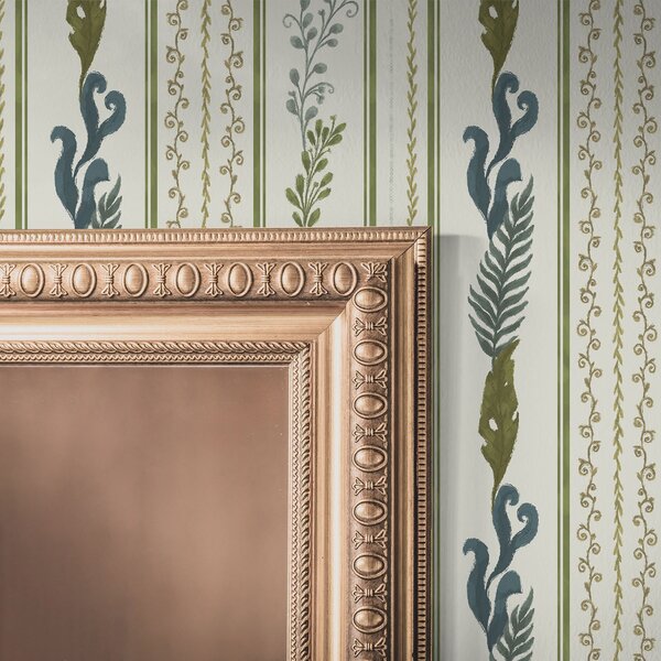 Carta da parati Strisce con ornamenti a volute e grandi rami verdi, Parati fiori e piante classici, a00823 : Uwalls.it