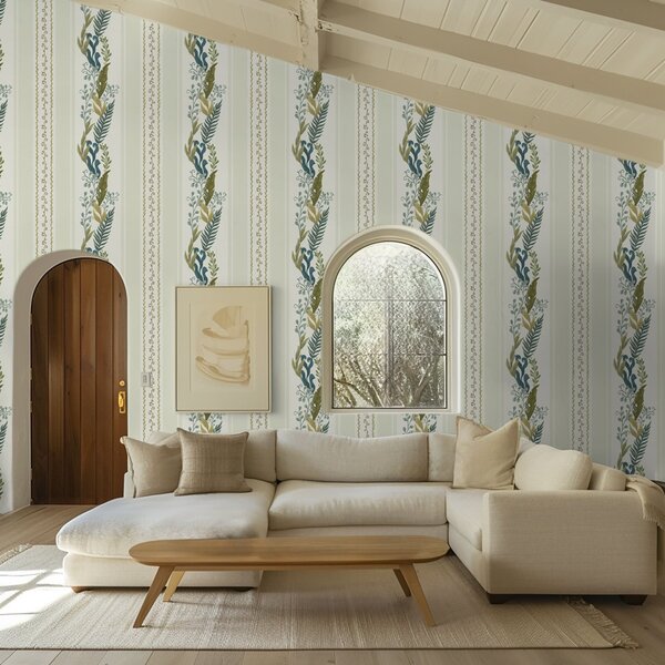 Carta da parati Ampie strisce con rami pittorici nei toni blu-oliva, Parati fiori e piante classici, a00825 : Uwalls.it