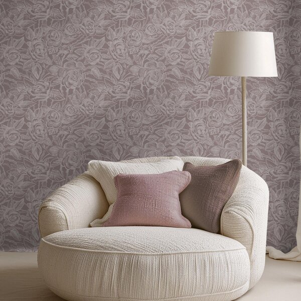Carta da parati Rose incise su grigio-marrone scuro, Parati fiori e piante classici, a00841 : Uwalls.it